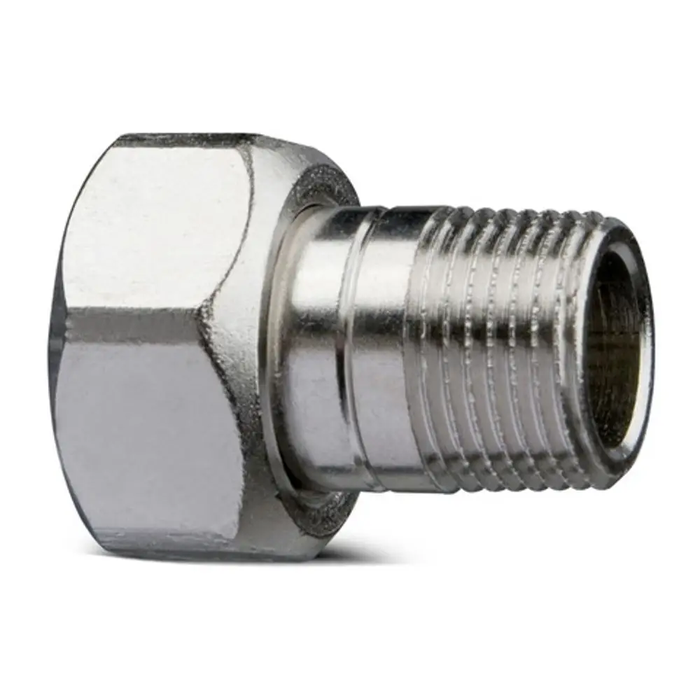 Vernickelte Verbindung mit einer Verschraubung auf einer Seite und einem Innengewinde auf der anderen. Produkt von IMI Hydronic Engineering, geeignet für Heizungsinstallationen.